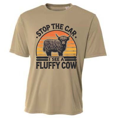 Stop The Car I See Fluffy Cow Retro Highland Cow Lover Funny Cooling Performance Crew T-Shirt