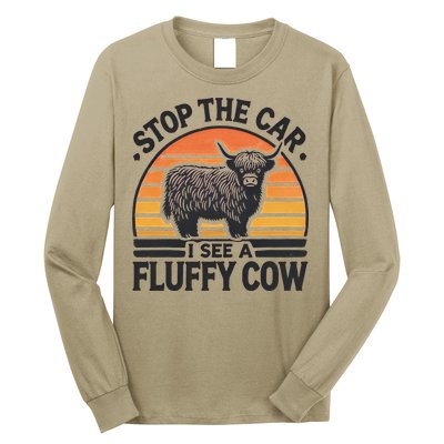 Stop The Car I See Fluffy Cow Retro Highland Cow Lover Funny Long Sleeve Shirt