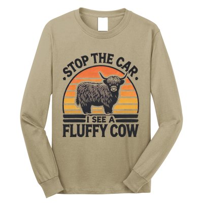 Stop The Car I See Fluffy Cow Retro Highland Cow Lover Funny Long Sleeve Shirt