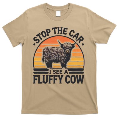 Stop The Car I See Fluffy Cow Retro Highland Cow Lover Funny T-Shirt
