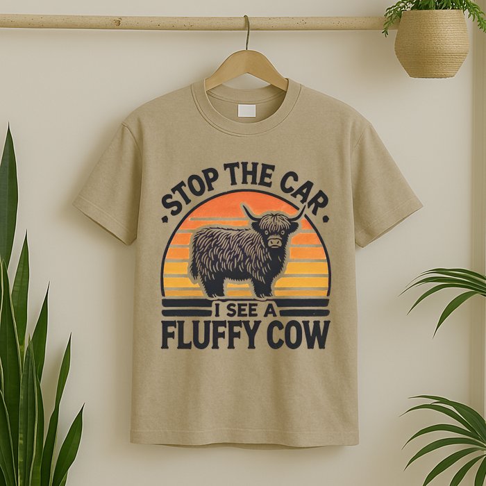 Stop The Car I See Fluffy Cow Retro Highland Cow Lover Funny T-Shirt