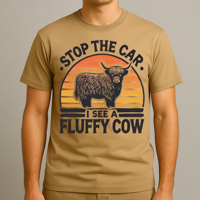 Stop The Car I See Fluffy Cow Retro Highland Cow Lover Funny T-Shirt