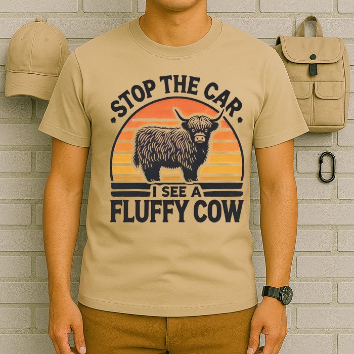 Stop The Car I See Fluffy Cow Retro Highland Cow Lover Funny T-Shirt