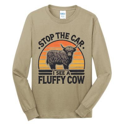 Stop The Car I See Fluffy Cow Retro Highland Cow Lover Funny Tall Long Sleeve T-Shirt