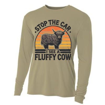 Stop The Car I See Fluffy Cow Retro Highland Cow Lover Funny Cooling Performance Long Sleeve Crew