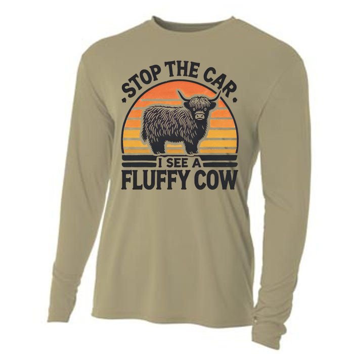 Stop The Car I See Fluffy Cow Retro Highland Cow Lover Funny Cooling Performance Long Sleeve Crew