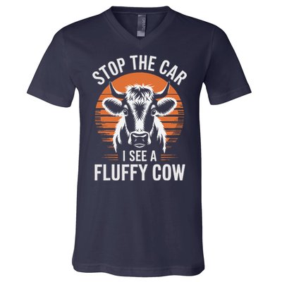 Stop The Car I See Fluffy Cow Retro Highland Cow Lover Funny V-Neck T-Shirt