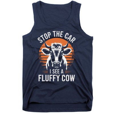 Stop The Car I See Fluffy Cow Retro Highland Cow Lover Funny Tank Top