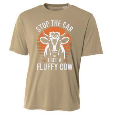 Stop The Car I See Fluffy Cow Retro Highland Cow Lover Funny Cooling Performance Crew T-Shirt