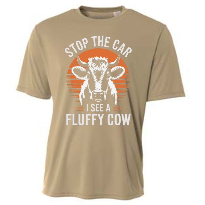 Stop The Car I See Fluffy Cow Retro Highland Cow Lover Funny Cooling Performance Crew T-Shirt