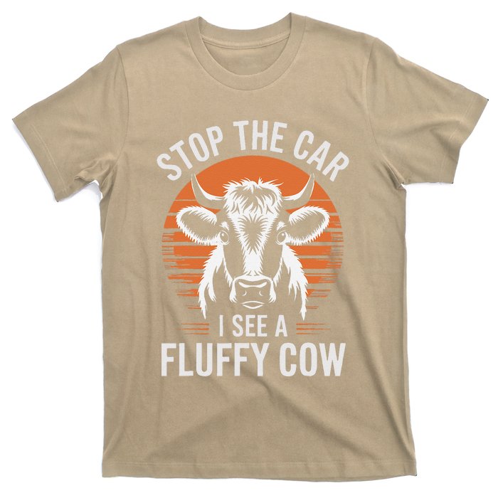 Stop The Car I See Fluffy Cow Retro Highland Cow Lover Funny T-Shirt