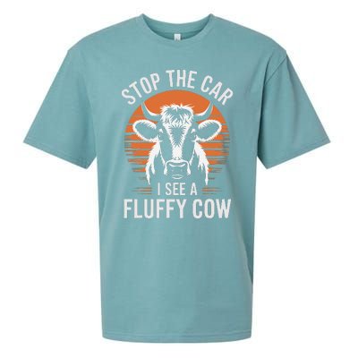 Stop The Car I See Fluffy Cow Retro Highland Cow Lover Funny Sueded Cloud Jersey T-Shirt