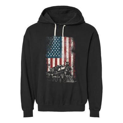 Steam Train Driver Trainspotting Locomotive American Flag Garment-Dyed Fleece Hoodie