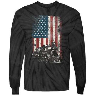 Steam Train Driver Trainspotting Locomotive American Flag Tie-Dye Long Sleeve Shirt