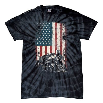 Steam Train Driver Trainspotting Locomotive American Flag Tie-Dye T-Shirt