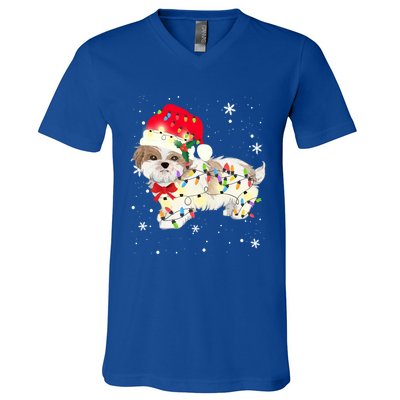 Shih Tzu Dog Christmas Light Xmas Mom Dad Funny Gift Great Gift V-Neck T-Shirt