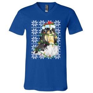 Shih Tzu Dog Christmas Lights Santa Hat Dog Ugly Xmas Cool Gift V-Neck T-Shirt