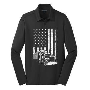 Semi Truck Driver US Flag Trucking Silk Touch Performance Long Sleeve Polo