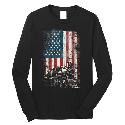 Steam Train Driver Trainspotting Locomotive American Flag Long Sleeve Shirt