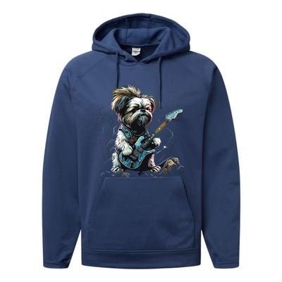 Shih Tzu Dog Playing Electric Guitar Rock Performance Fleece Hoodie