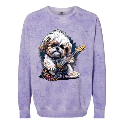 Shih Tzu Dog Playing Electric Guitar Rock Colorblast Crewneck Sweatshirt