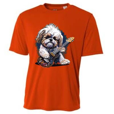 Shih Tzu Dog Playing Electric Guitar Rock Cooling Performance Crew T-Shirt