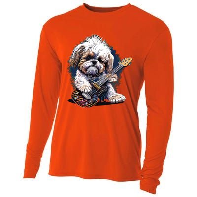 Shih Tzu Dog Playing Electric Guitar Rock Cooling Performance Long Sleeve Crew