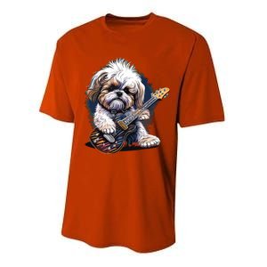 Shih Tzu Dog Playing Electric Guitar Rock Performance Sprint T-Shirt