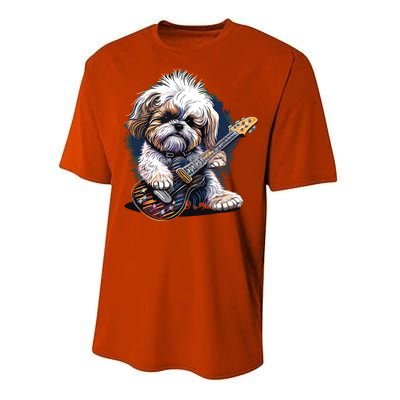 Shih Tzu Dog Playing Electric Guitar Rock Performance Sprint T-Shirt