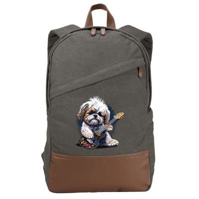 Shih Tzu Dog Playing Electric Guitar Rock Cotton Canvas Backpack