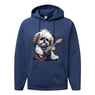 Shih Tzu Dog Playing Electric Guitar Rock Performance Fleece Hoodie