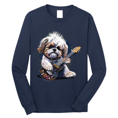 Shih Tzu Dog Playing Electric Guitar Rock Long Sleeve Shirt