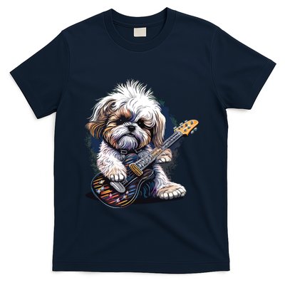 Shih Tzu Dog Playing Electric Guitar Rock T-Shirt