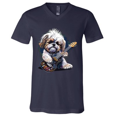 Shih Tzu Dog Playing Electric Guitar Rock V-Neck T-Shirt