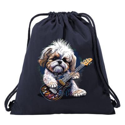 Shih Tzu Dog Playing Electric Guitar Rock Drawstring Bag