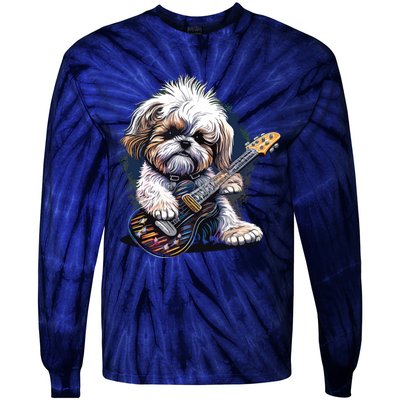 Shih Tzu Dog Playing Electric Guitar Rock Tie-Dye Long Sleeve Shirt