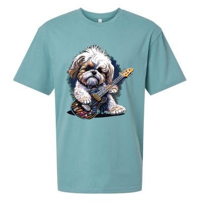 Shih Tzu Dog Playing Electric Guitar Rock Sueded Cloud Jersey T-Shirt