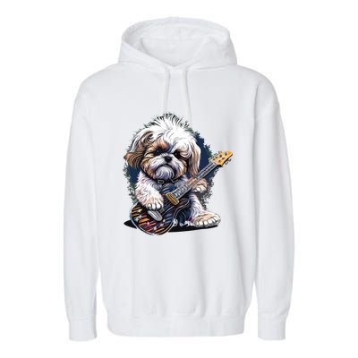 Shih Tzu Dog Playing Electric Guitar Rock Garment-Dyed Fleece Hoodie