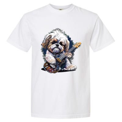 Shih Tzu Dog Playing Electric Guitar Rock Garment-Dyed Heavyweight T-Shirt