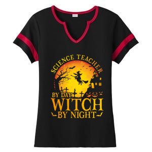 Science Teacherby Day Witch By Night Halloween Teachers Gift Ladies Halftime Notch Neck Tee