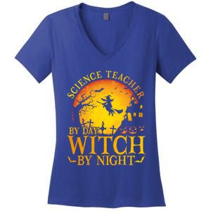 Science Teacherby Day Witch By Night Halloween Teachers Gift Women's V-Neck T-Shirt