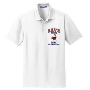 Save Turkeys Drink Champagne Funny Thanksgiving Dry Zone Grid Polo