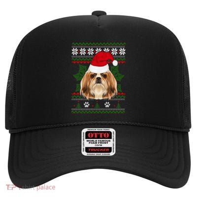 Shih Tzu Dog Santa Hat Funny Christmas Holiday Xmas Gift High Crown Mesh Back Trucker Hat