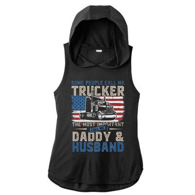 Semi Truck Driver Trucker Daddy Husband US American Flag Ladies PosiCharge Tri-Blend Wicking Draft Hoodie Tank