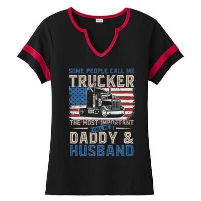 Semi Truck Driver Trucker Daddy Husband US American Flag Ladies Halftime Notch Neck Tee