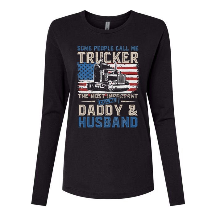 Semi Truck Driver Trucker Daddy Husband US American Flag Womens Cotton Relaxed Long Sleeve T-Shirt