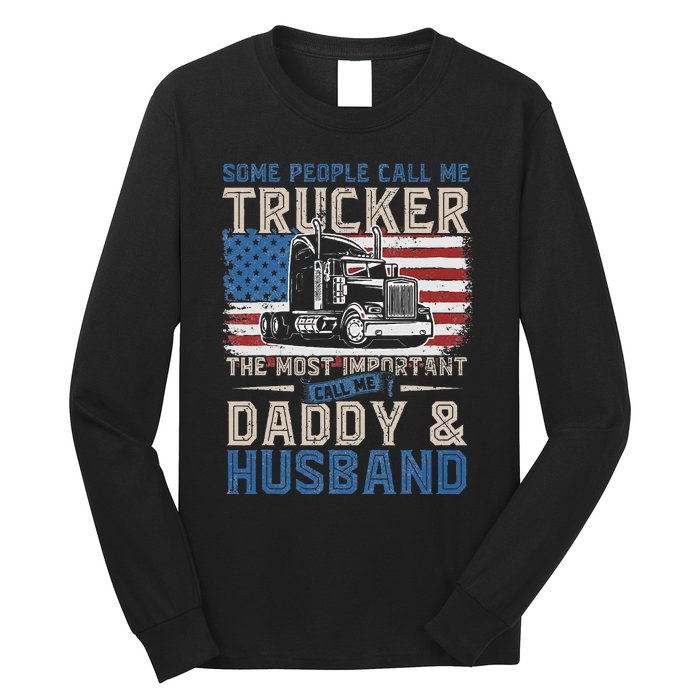 Semi Truck Driver Trucker Daddy Husband US American Flag Long Sleeve Shirt