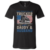 Semi Truck Driver Trucker Daddy Husband US American Flag V-Neck T-Shirt