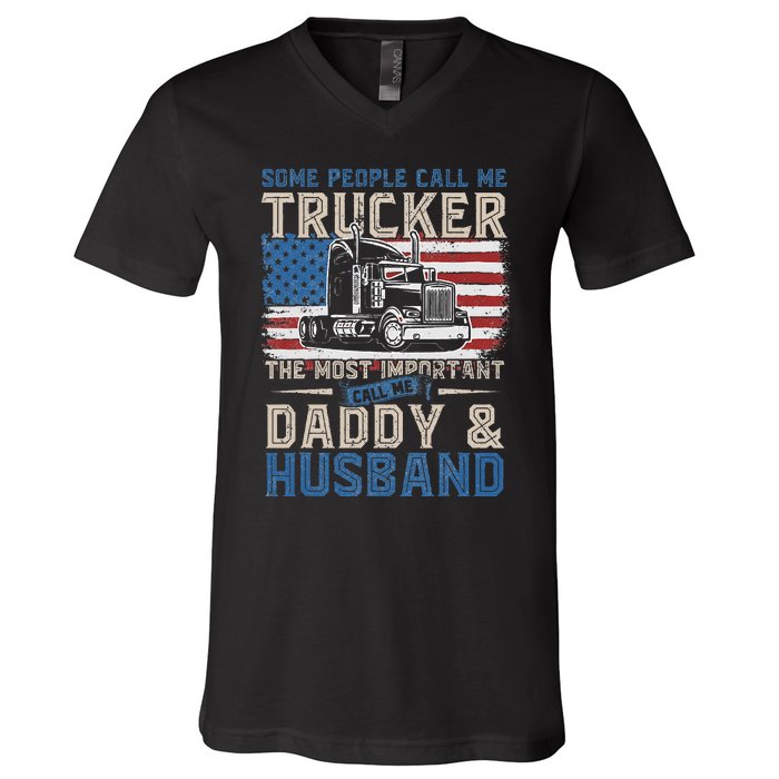 Semi Truck Driver Trucker Daddy Husband US American Flag V-Neck T-Shirt