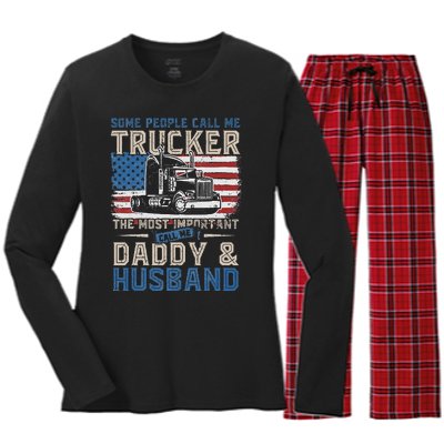 Semi Truck Driver Trucker Daddy Husband US American Flag Women's Long Sleeve Flannel Pajama Set 